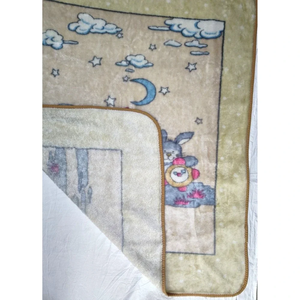 Vtg Mink Yellow‎ Dog Cat Bunny Clouds Blanket 45x52 Clock Polka Dots Soft